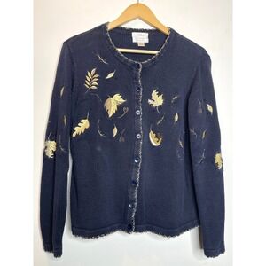 Christopher & Banks Embroidered Fall‎ Leaf Cardigan Sweater Navy Cottage Grandma
